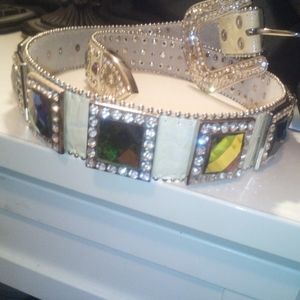 37” Croc Print Leather Colored Jeweled Western Belt Cream colored